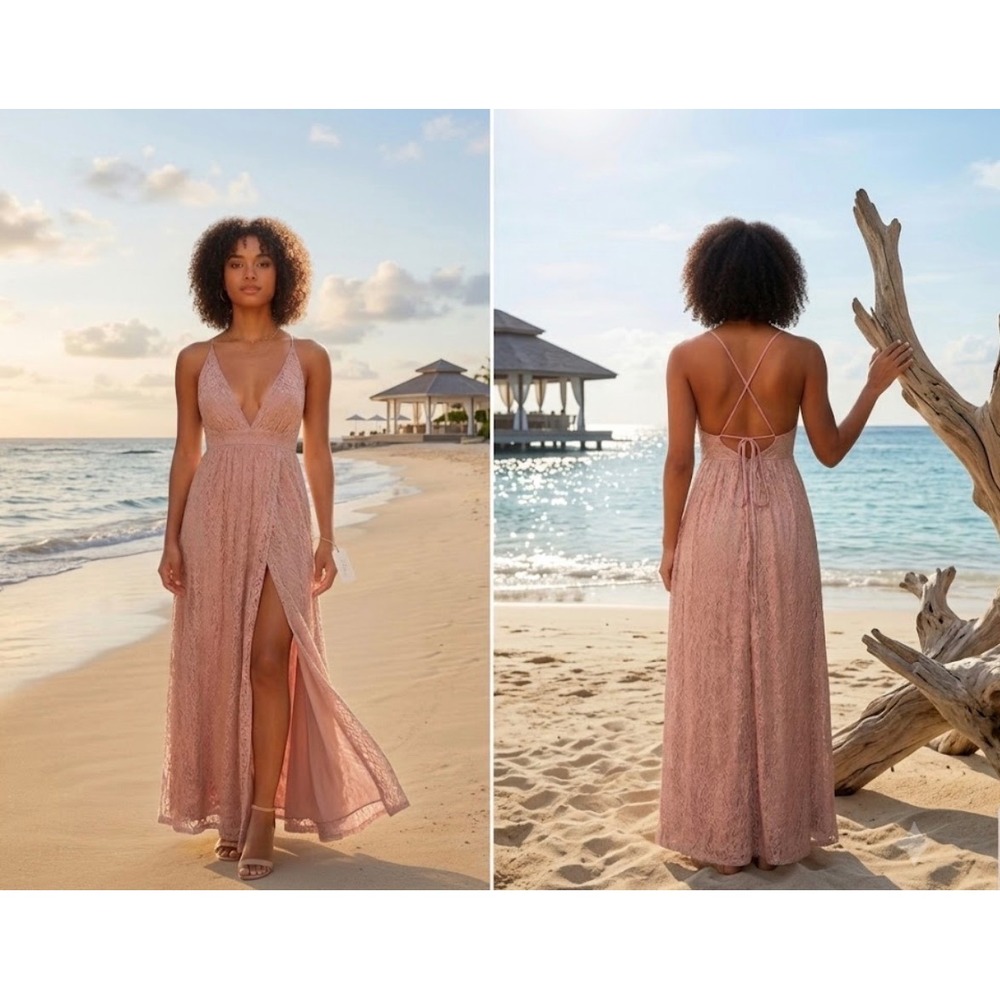 Romantic Fairy Lace Maxi Dress Deep VNeck High Slit Dress Cream Dusty Rose Sz M